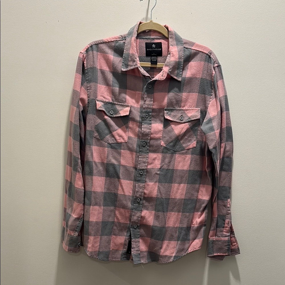 Pink and Gray Plaid Flannel Shirt